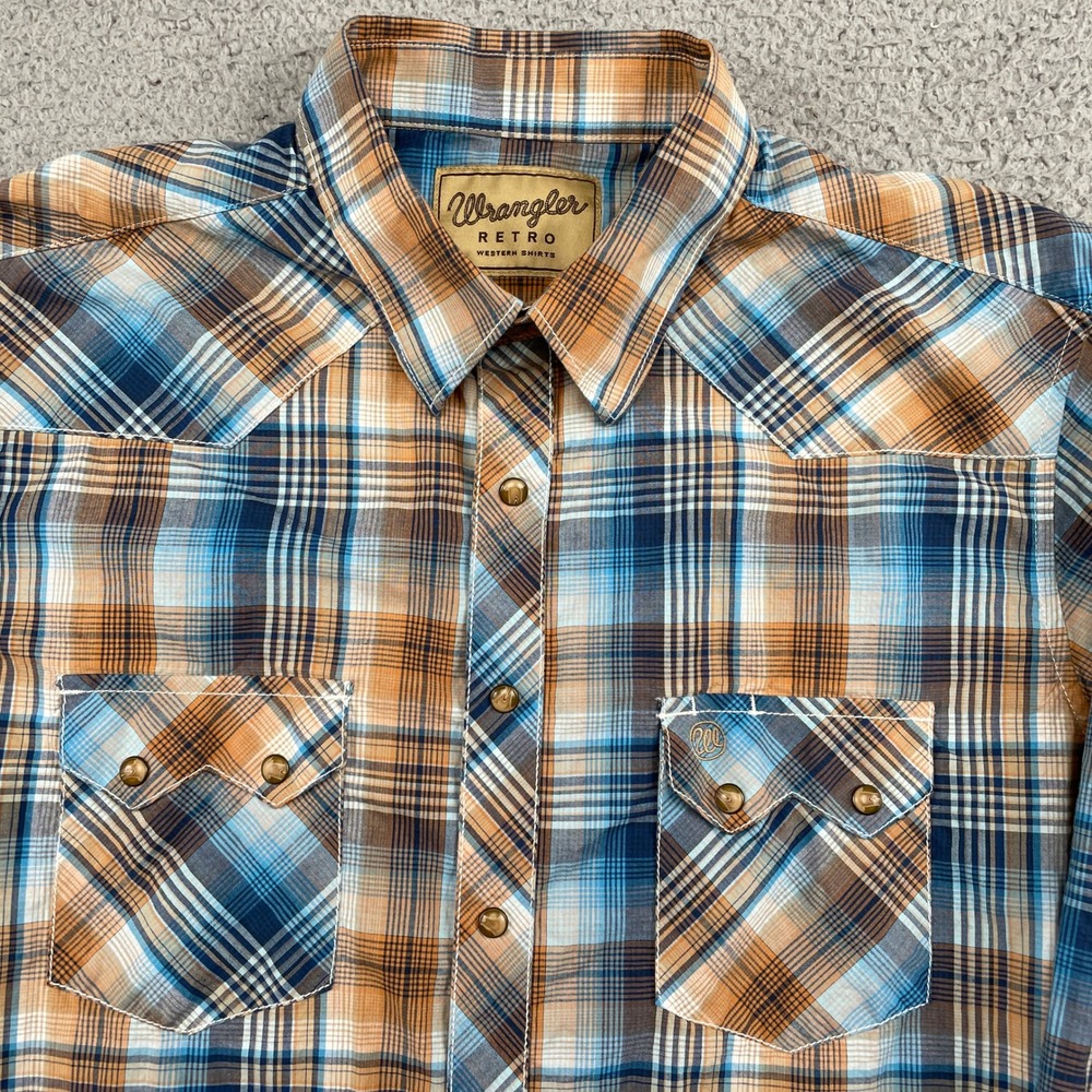 Wrangler Shirt Mens Large Tall Blue Orange Retro Western Plaid Snap Long Sleeve